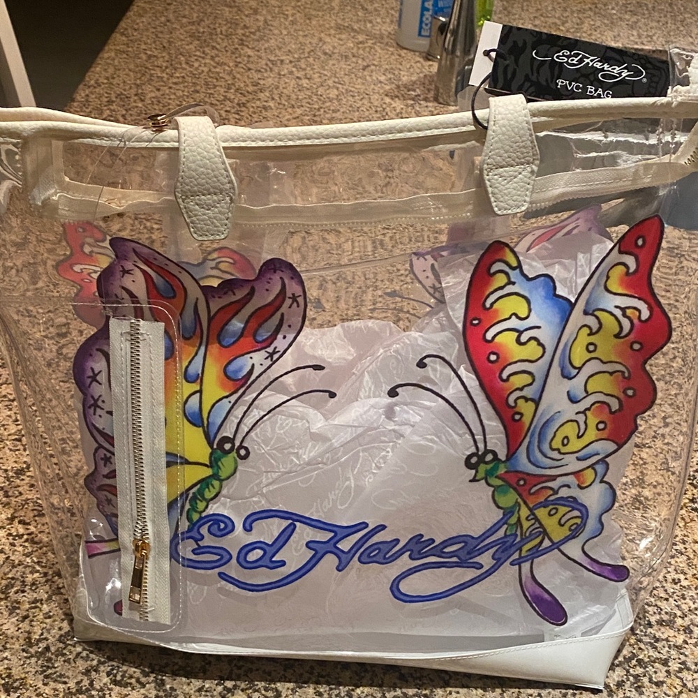 Ed Hardy Clear Tote with Colorful Butterfly Design